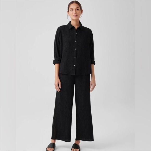 Eileen Fisher Woven Plissé Classic Collar Shirt $178 - Picture 1 of 5
